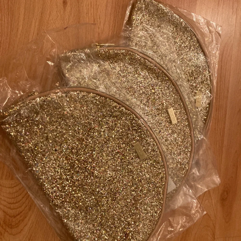 Lot 3 new Gold Glitter Fan TARTE large makeup bags. me